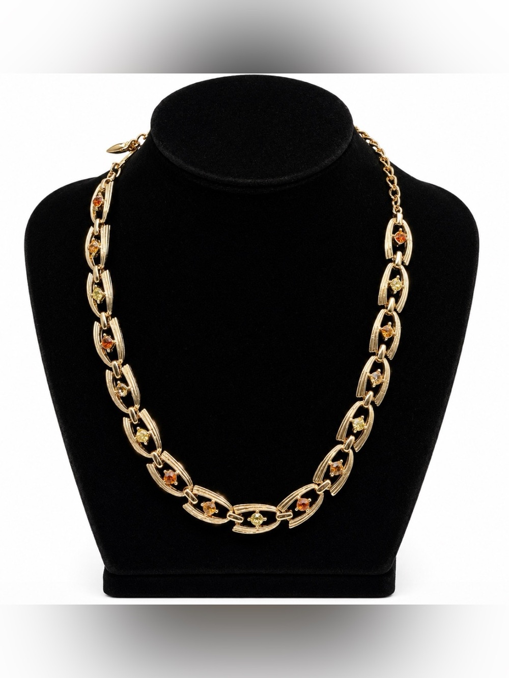 Coro Gold Tone Multi Colored Rhinestone Linked Necklace Vintage Beautiful *Read* - Picture 6 of 11